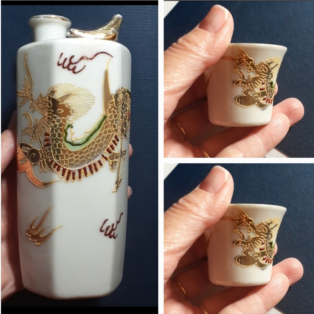 👉*RARE 40s* JAPANESE DRAGONWARE SINGING BIRD SAKI SET w/ GEISHA LITHOGRAPH CUPS